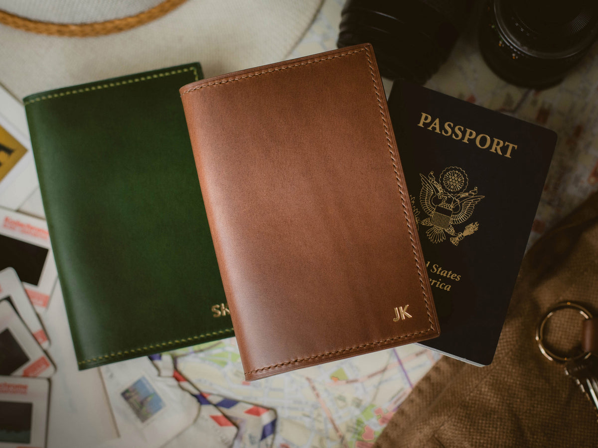 Double Passport Wallet - USA Made, Tan, Monogrammed, Full Grain Leather, Handmade by Mr. Lentz